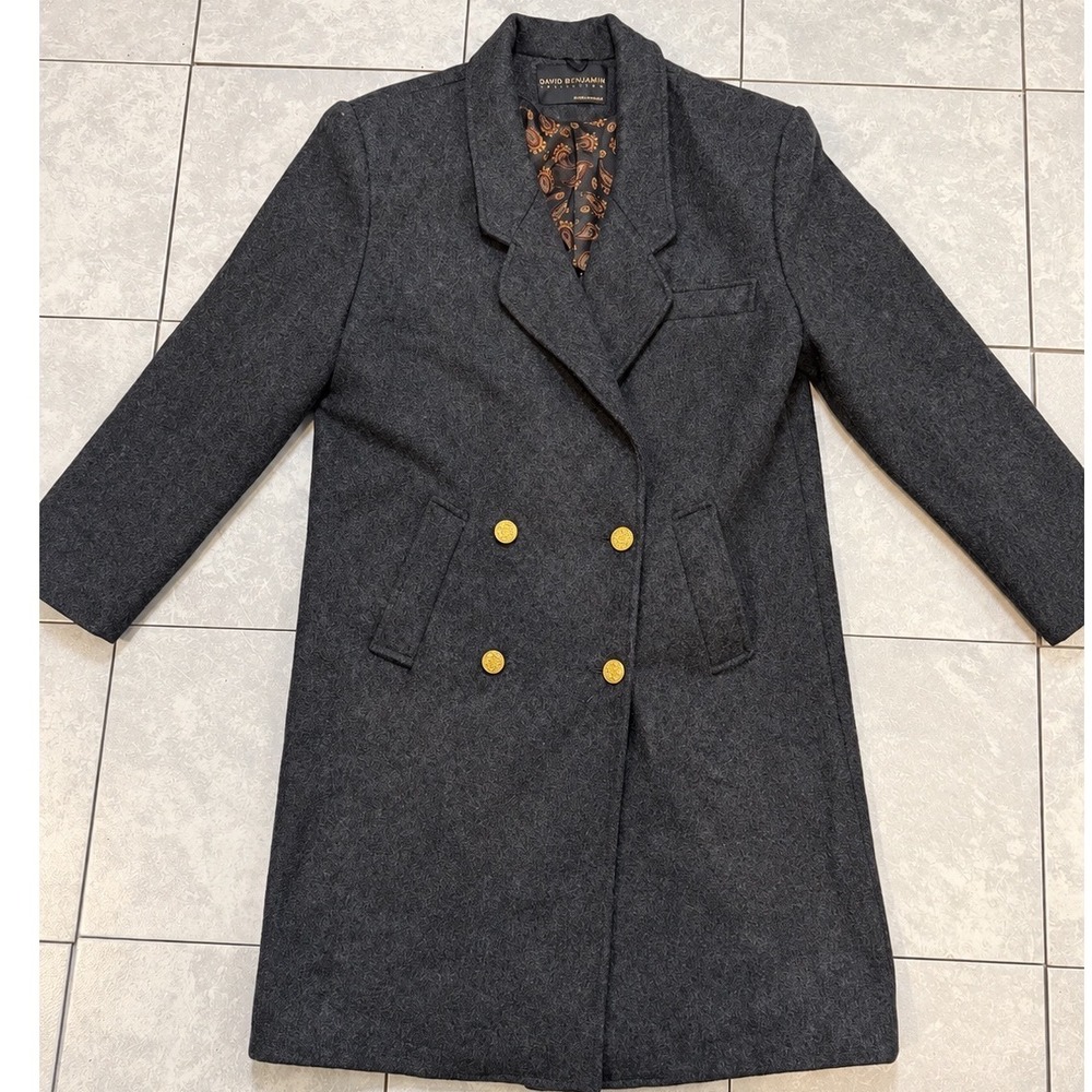 David Benjamin Overcoat Womens 10 Charcoal Grey Wool Double Breasted Gold Button